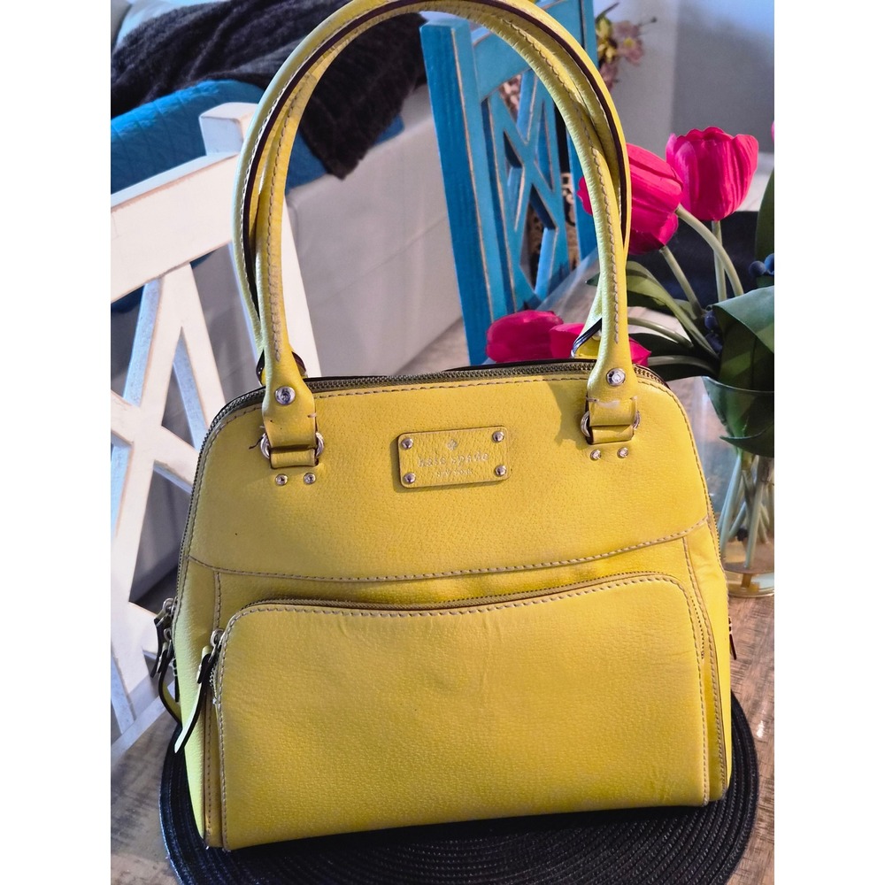 Kate Spade New York Yellow Pebbled Leather Satchel Handbag Zip Pocket Polka Dot